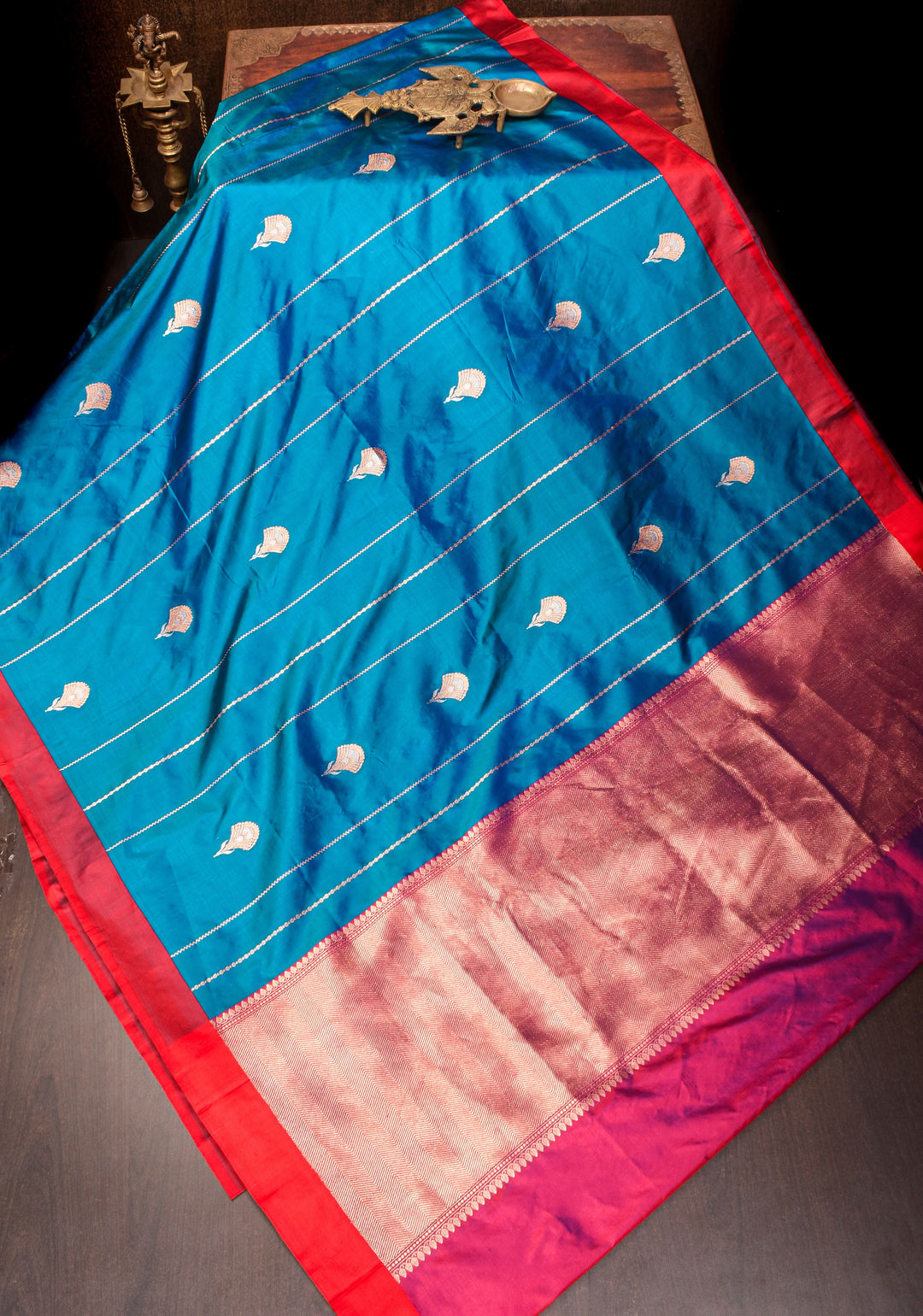 Banarasi Katan Silk Saree in Blue with Alfi Buttas and Zari Stripes  | SILK MARK CERTIFIED | Shobitam