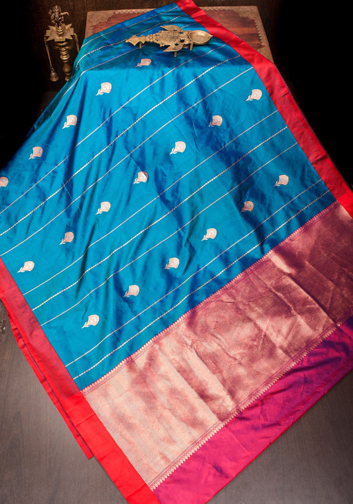 Banarasi Katan Silk Saree in Blue with Alfi Buttas and Zari Stripes  | SILK MARK CERTIFIED | Shobitam