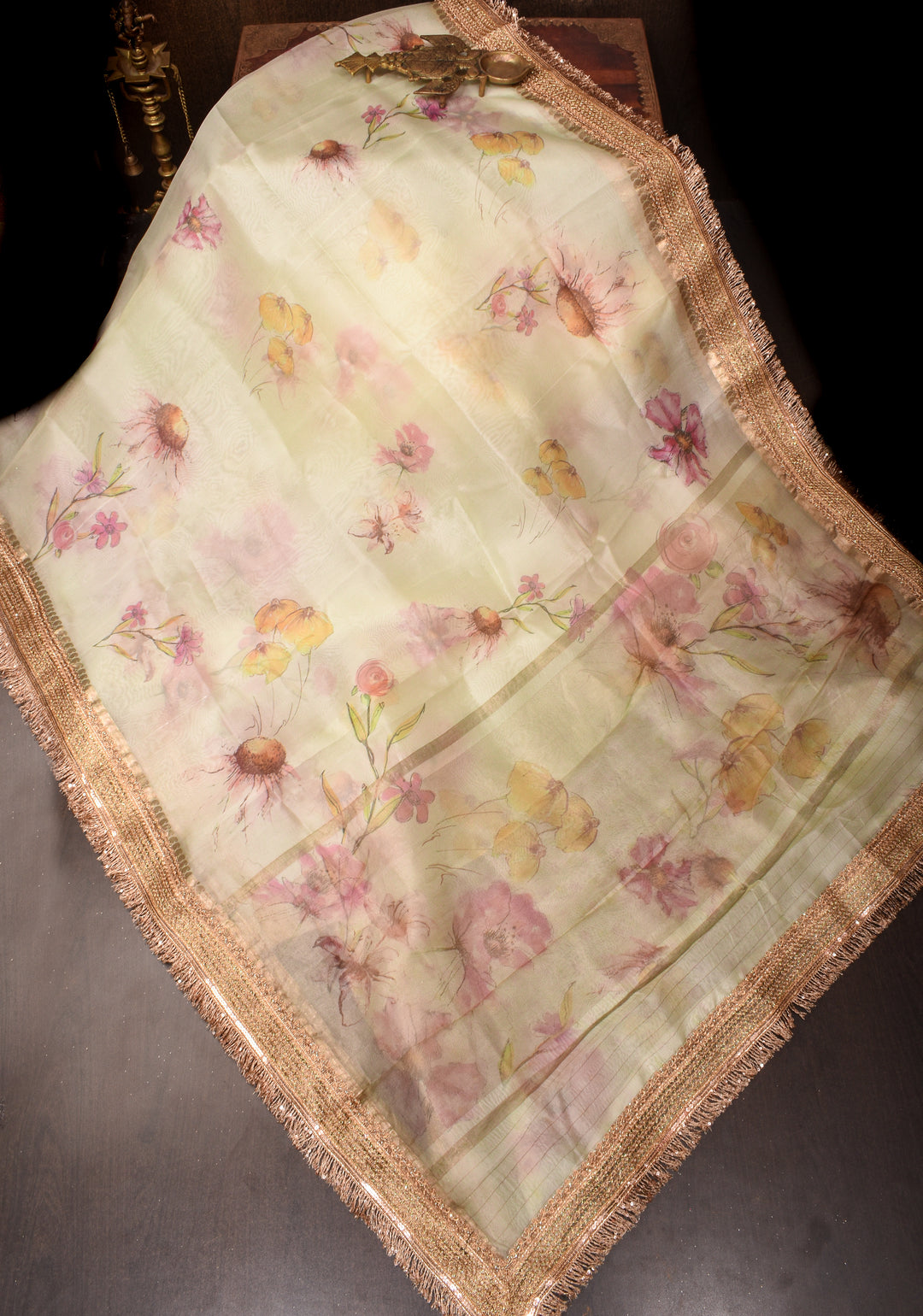 Beige Pure Organza Silk Saree with Floral Digital Print and Lace Trim Border | SILK MARK CERTIFIED