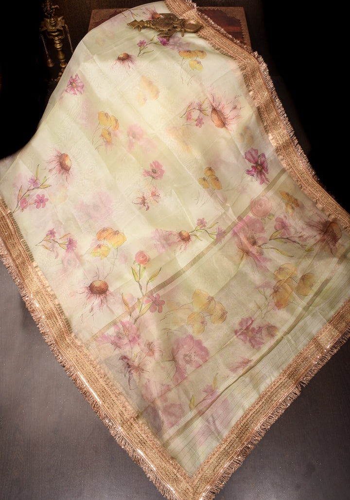 Beige Pure Organza Silk Saree with Floral Digital Print and Lace Trim Border | SILK MARK CERTIFIED