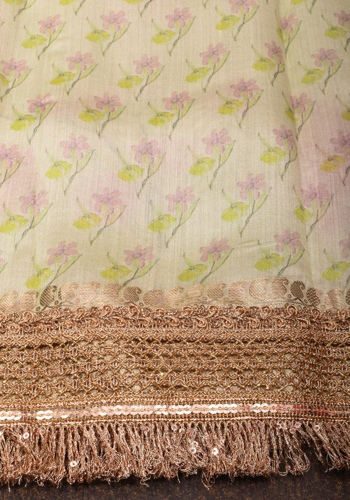 Beige Pure Organza Silk Saree with Floral Digital Print and Lace Trim Border | SILK MARK CERTIFIED