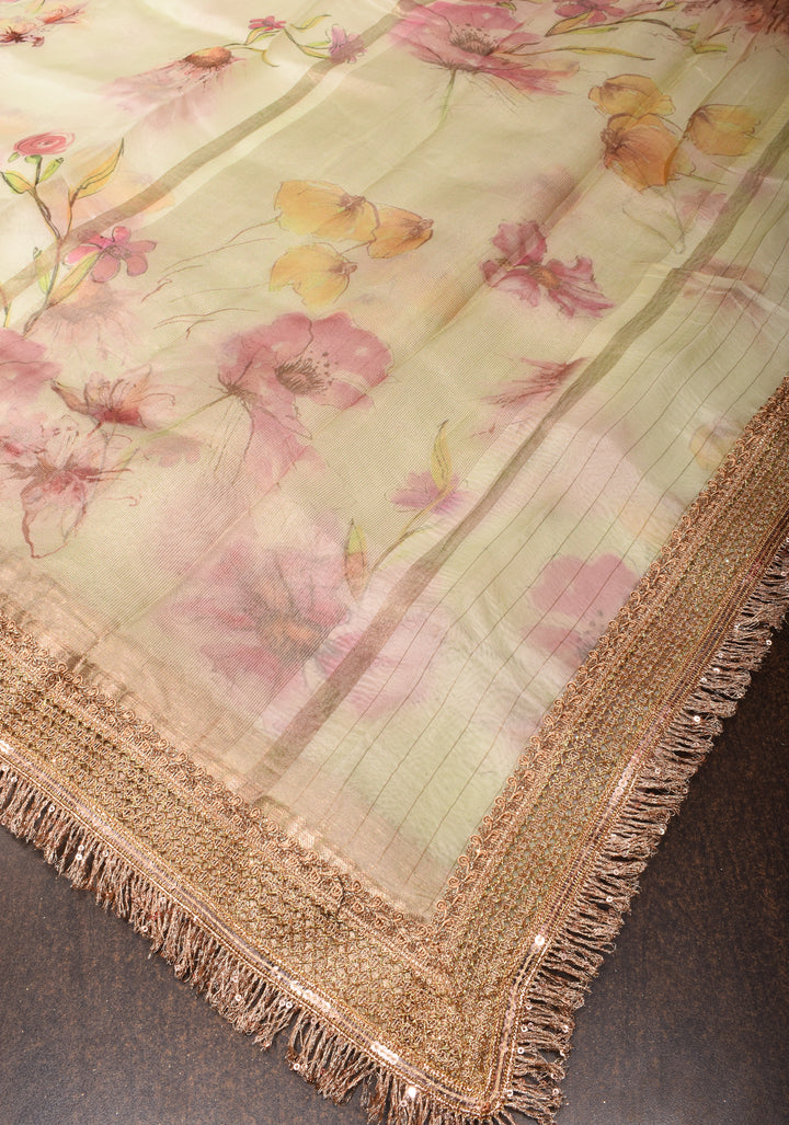 Beige Pure Organza Silk Saree with Floral Digital Print and Lace Trim Border | SILK MARK CERTIFIED