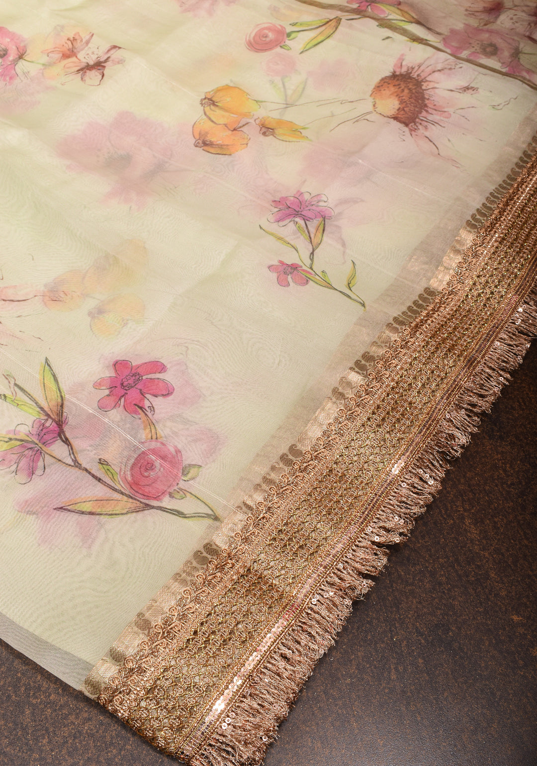 Beige Pure Organza Silk Saree with Floral Digital Print and Lace Trim Border | SILK MARK CERTIFIED