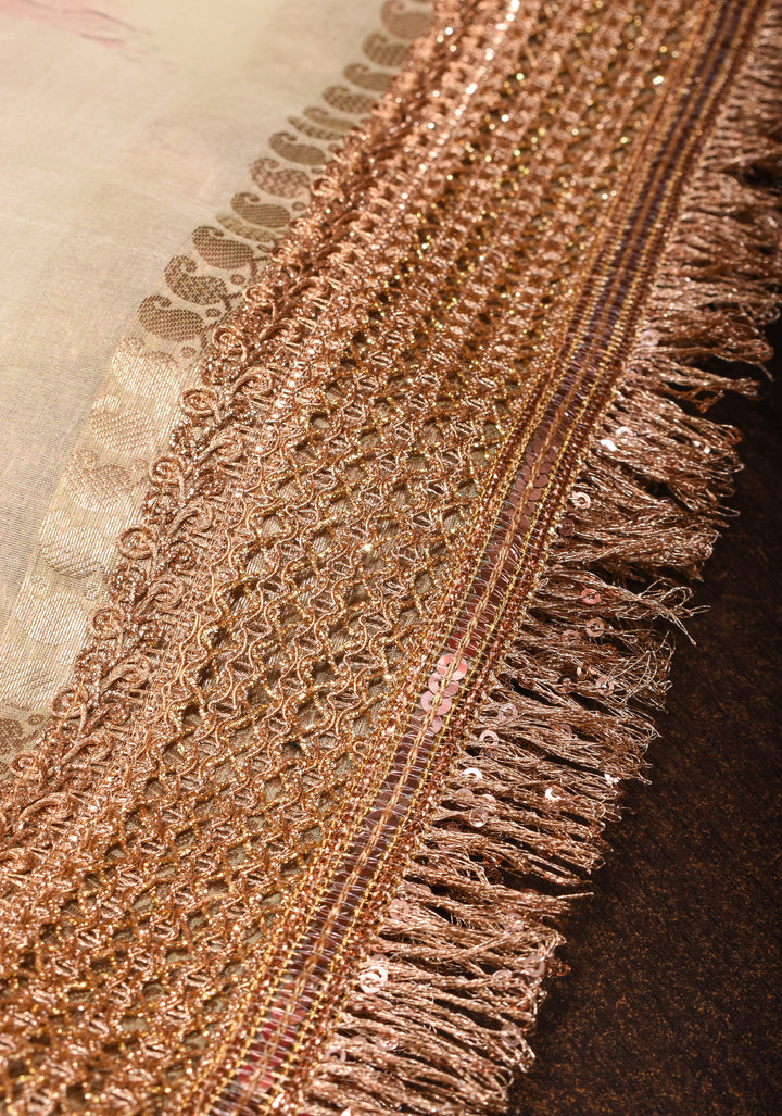 Beige Pure Organza Silk Saree with Floral Digital Print and Lace Trim Border | SILK MARK CERTIFIED