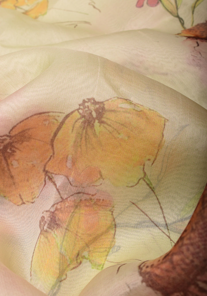 Beige Pure Organza Silk Saree with Floral Digital Print and Lace Trim Border | SILK MARK CERTIFIED