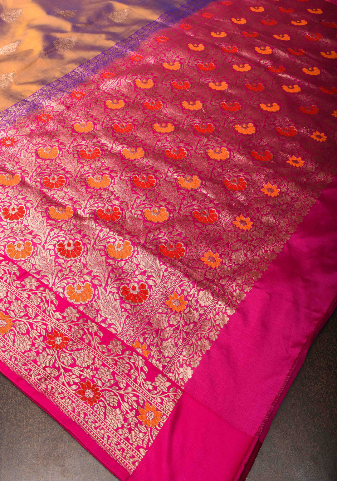 Orange Blue Dual Tone Banarasi Silk Saree with Floral Motifs and Meenakari Zari Borders | Silk Mark Certified | Shobitam