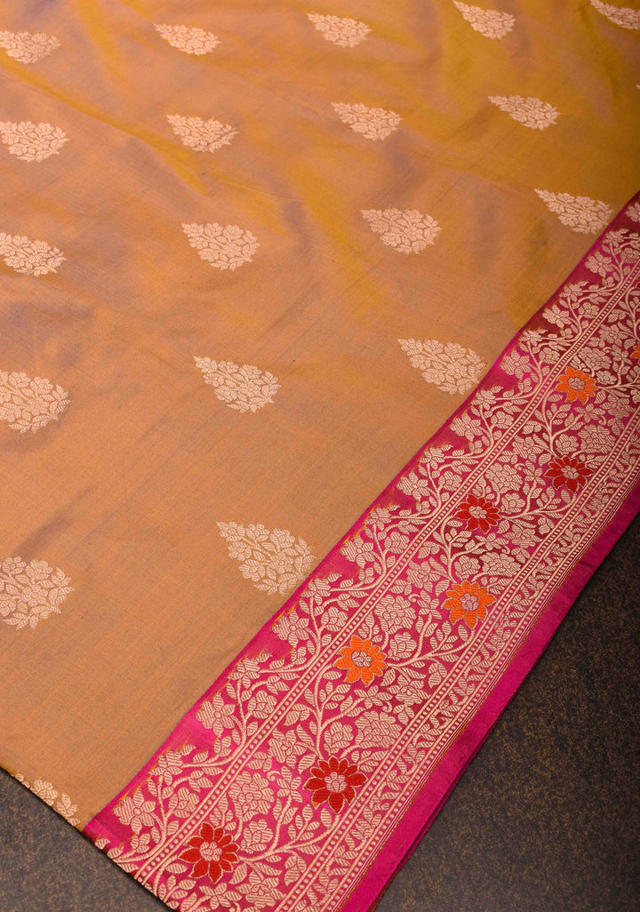 Orange Blue Dual Tone Banarasi Silk Saree with Floral Motifs and Meenakari Zari Borders | Silk Mark Certified | Shobitam