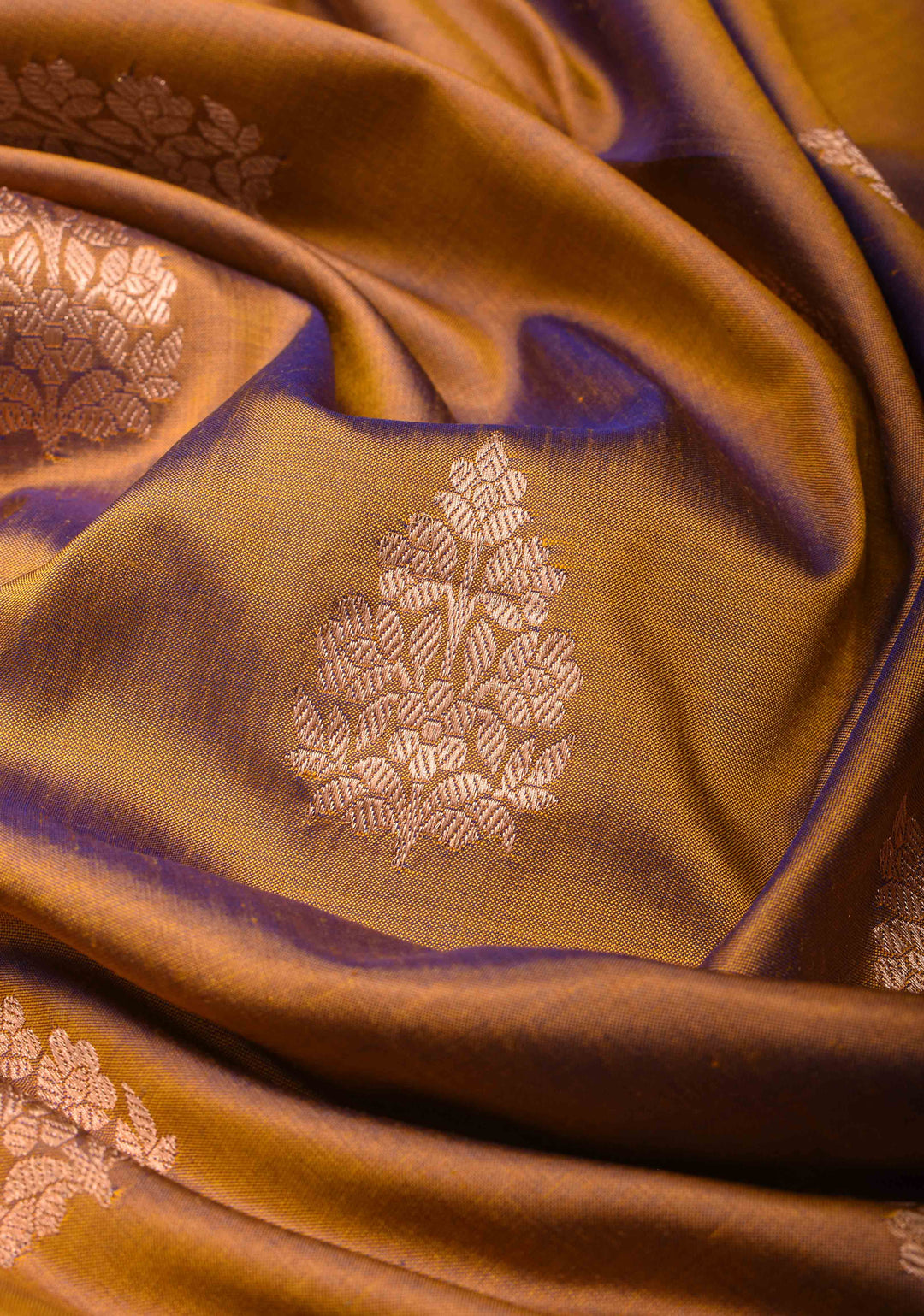 Orange Blue Dual Tone Banarasi Silk Saree with Floral Motifs and Meenakari Zari Borders | Silk Mark Certified | Shobitam