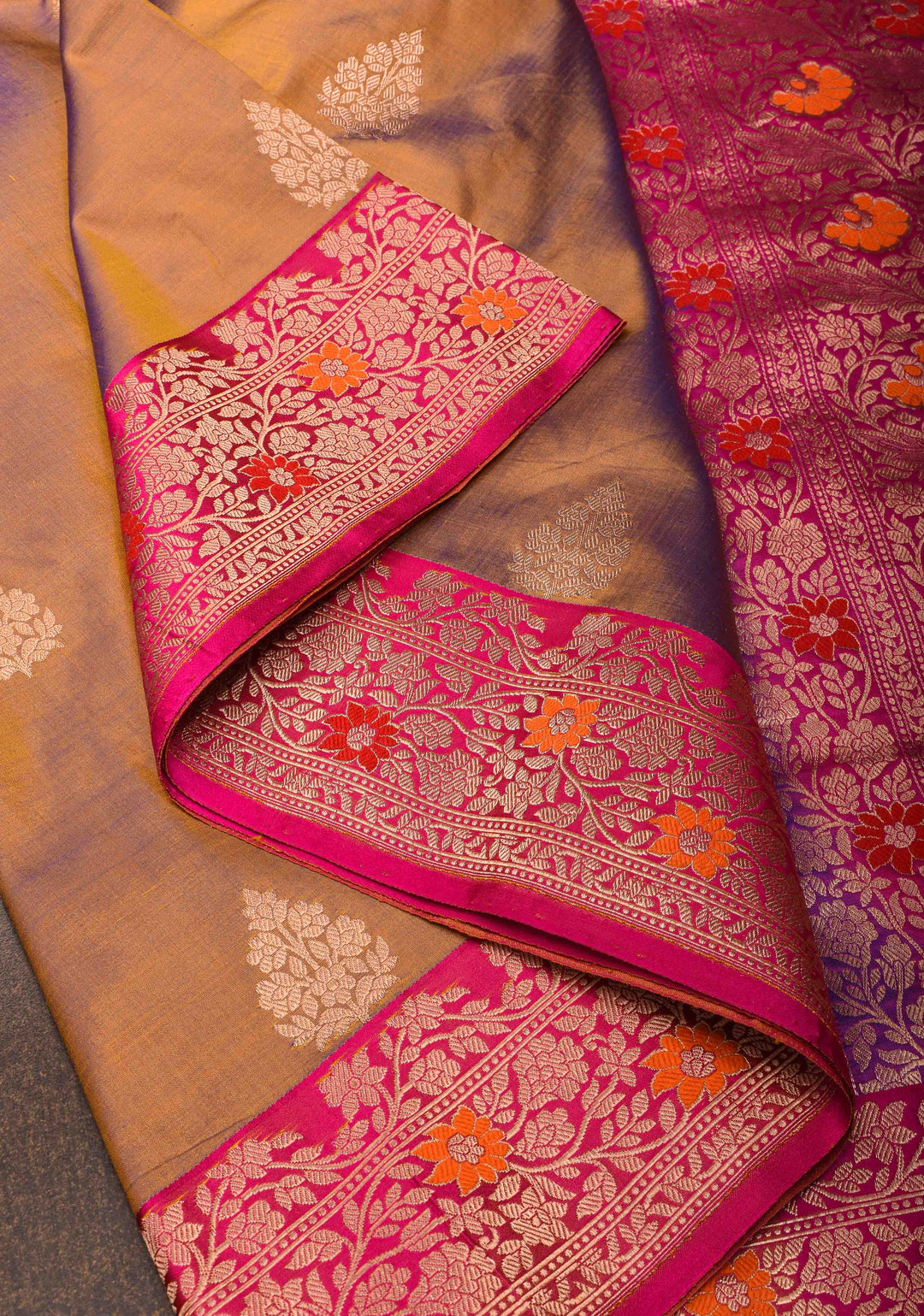 Orange Blue Dual Tone Banarasi Silk Saree with Floral Motifs and Meenakari Zari Borders | Silk Mark Certified | Shobitam