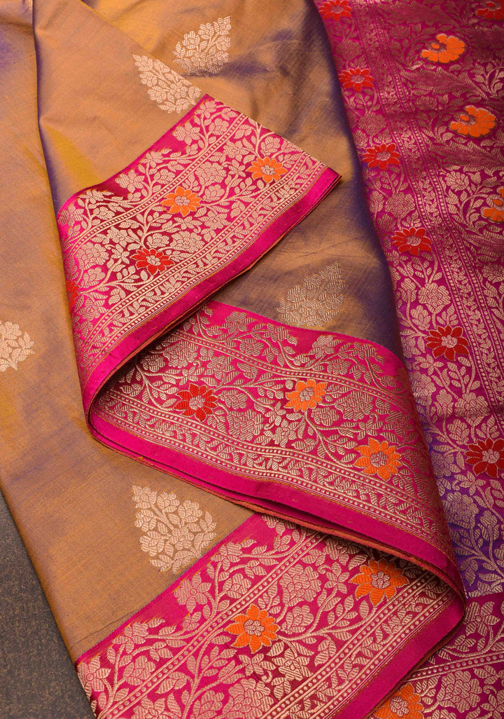 Orange Blue Dual Tone Banarasi Silk Saree with Floral Motifs and Meenakari Zari Borders | Silk Mark Certified | Shobitam