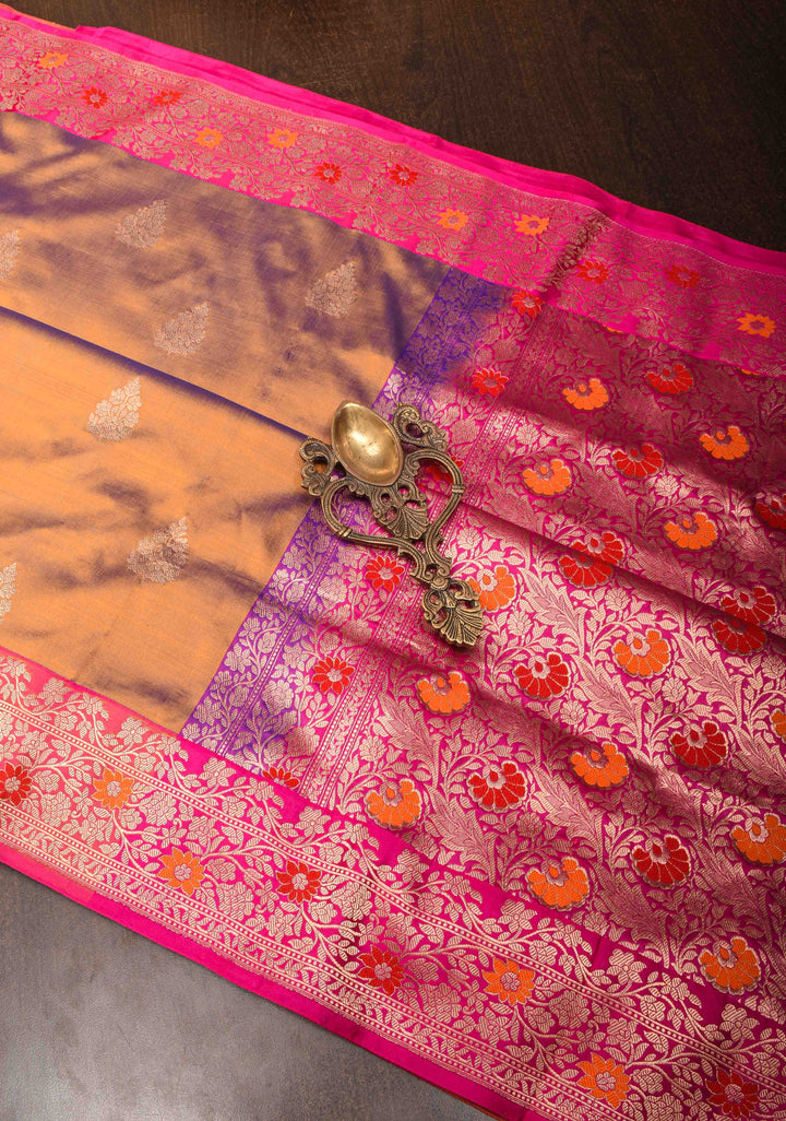 Orange Blue Dual Tone Banarasi Silk Saree with Floral Motifs and Meenakari Zari Borders | Silk Mark Certified | Shobitam