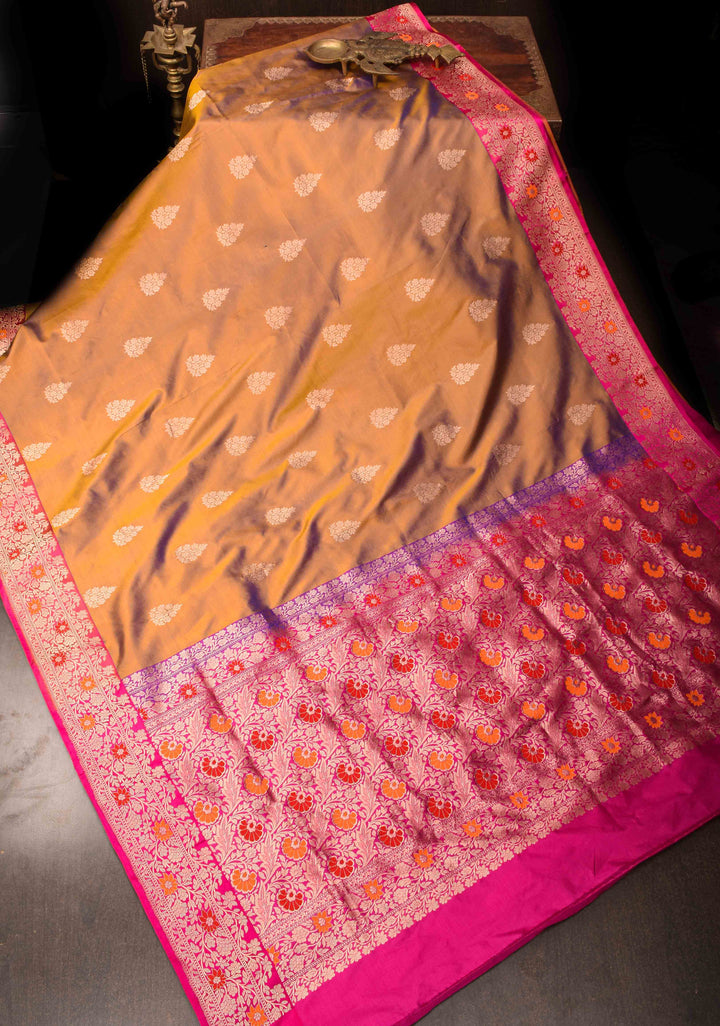 Orange Blue Dual Tone Banarasi Silk Saree with Floral Motifs and Meenakari Zari Borders | Silk Mark Certified | Shobitam