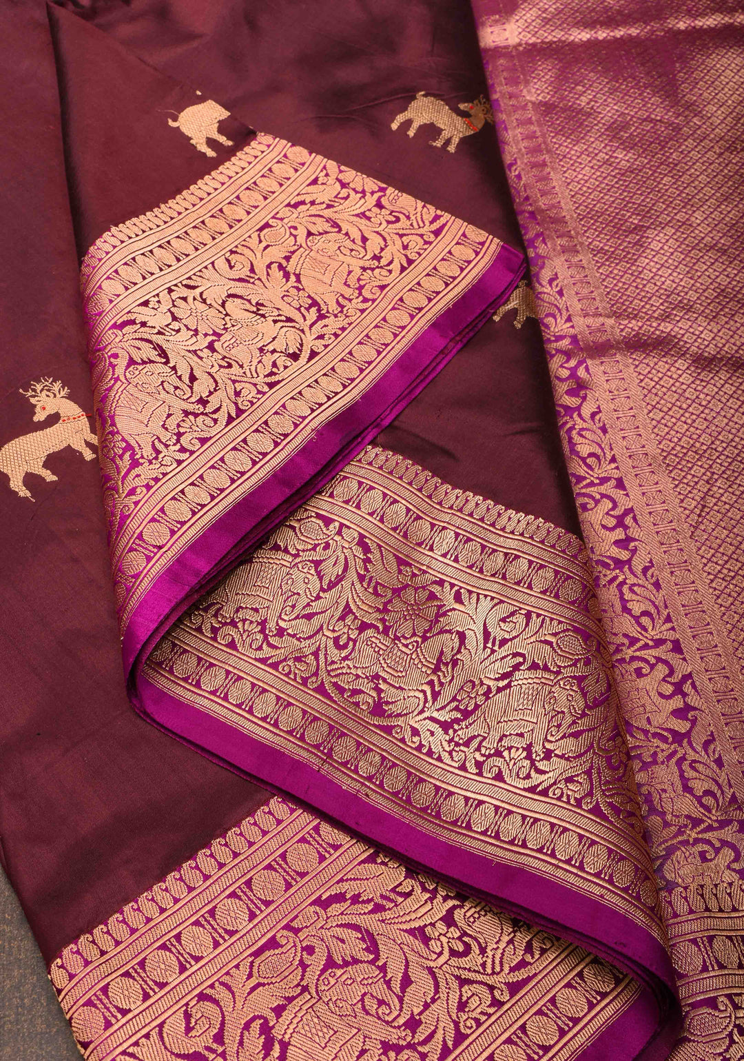 Shikaargah Banarasi Katan Silk Saree in Purple with deer motifs and zari border  | SILK MARK CERTIFIED