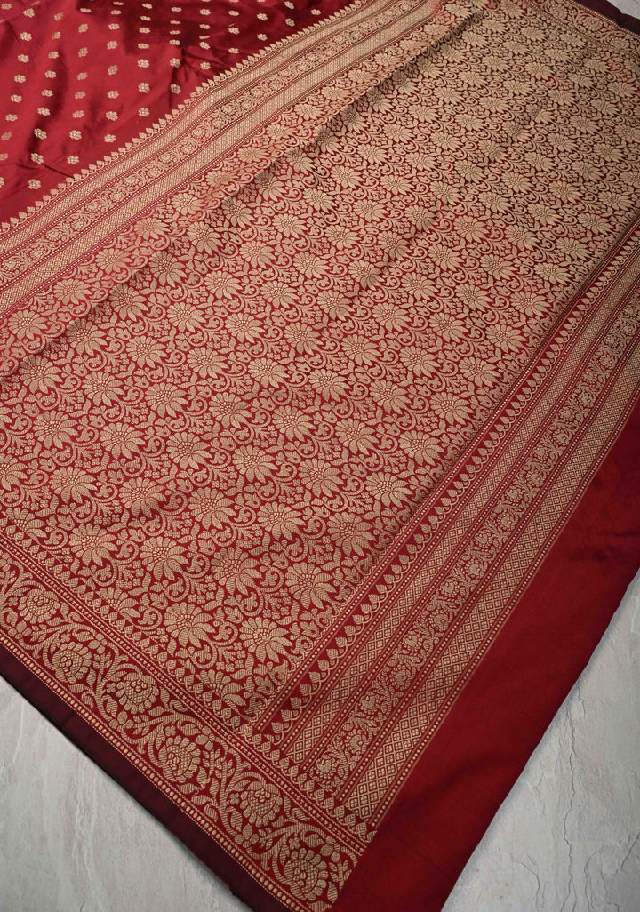 Dark Maroon Banarasi Art silk saree with Resham Buttas and Minimal Border