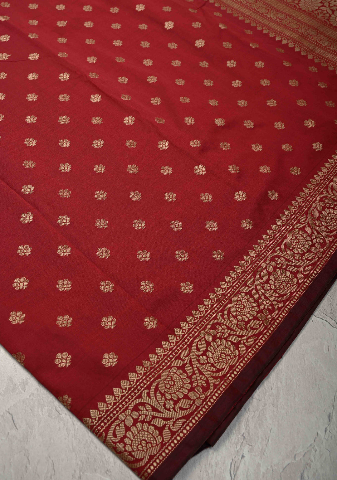 Dark Maroon Banarasi Art silk saree with Resham Buttas and Minimal Border