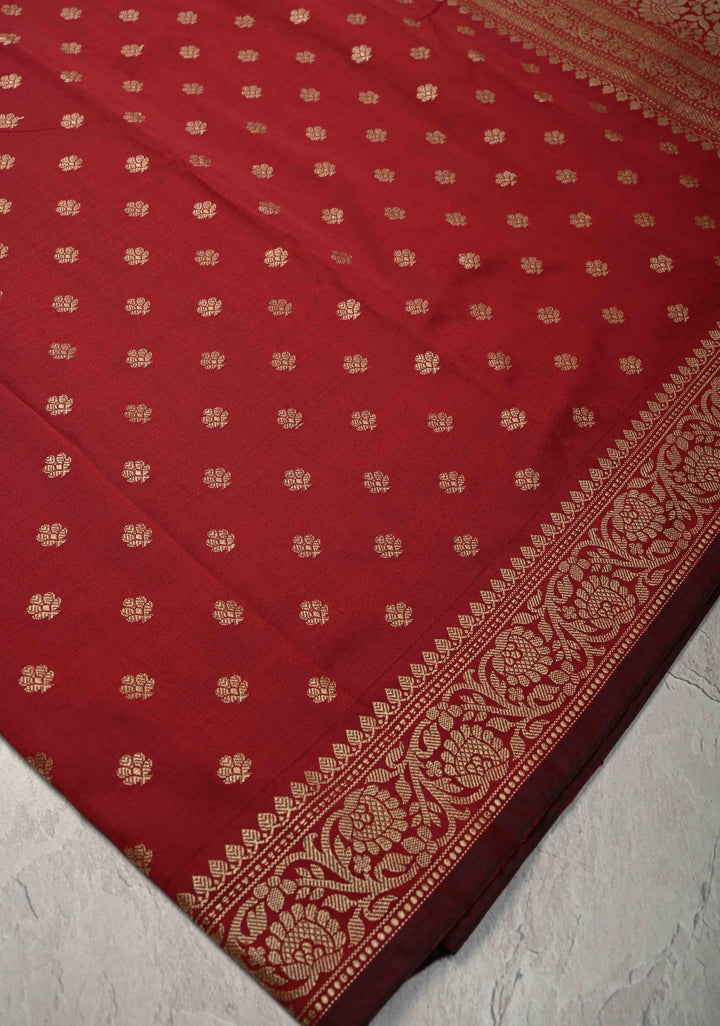 Dark Maroon Banarasi Art silk saree with Resham Buttas and Minimal Border