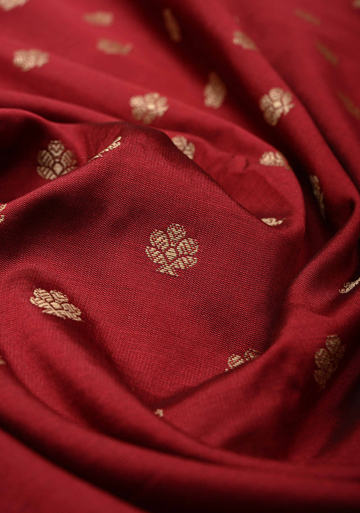 Dark Maroon Banarasi Art silk saree with Resham Buttas and Minimal Border