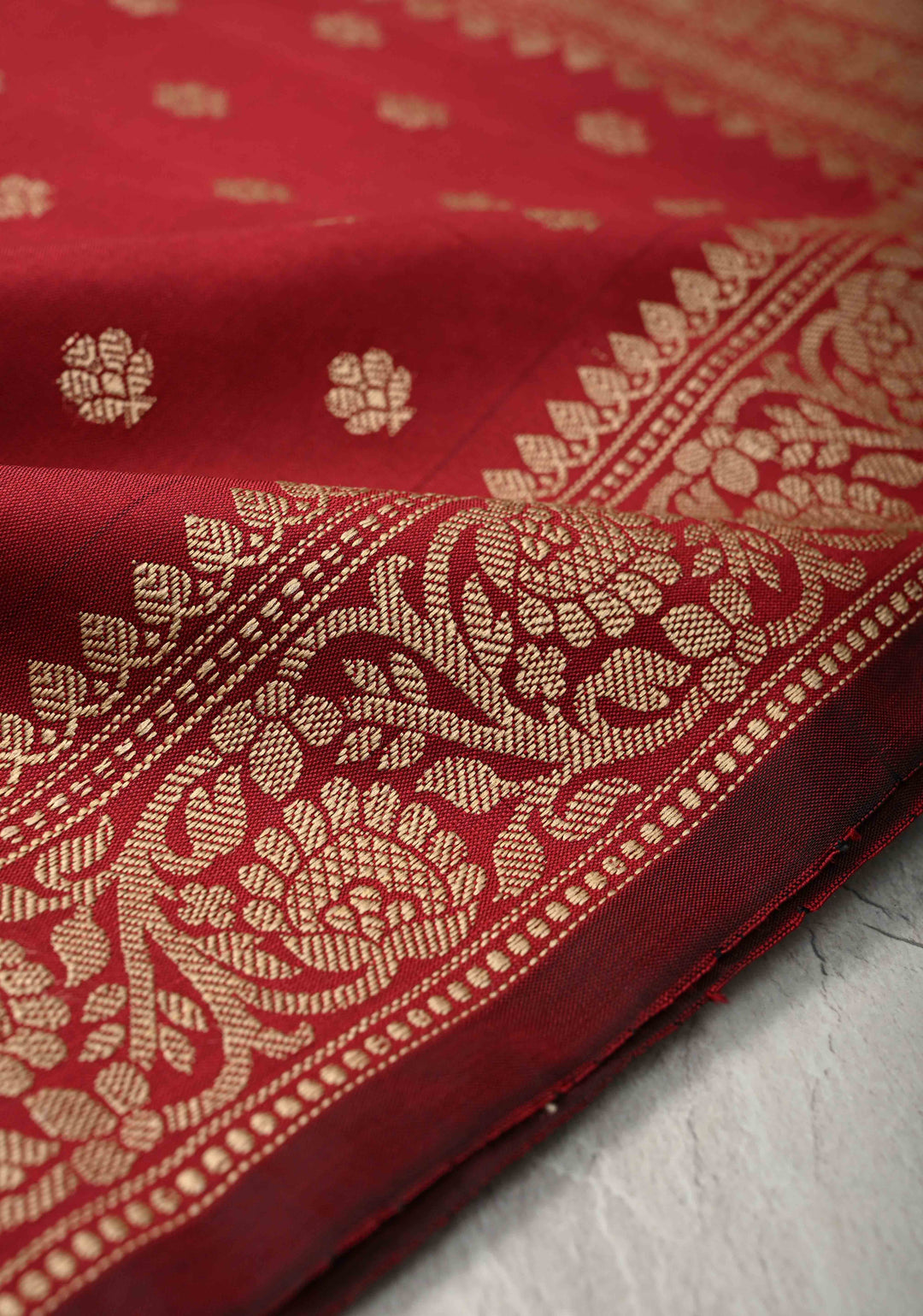 Dark Maroon Banarasi Art silk saree with Resham Buttas and Minimal Border