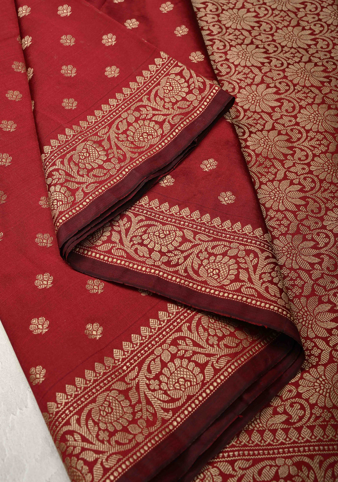 Dark Maroon Banarasi Art silk saree with Resham Buttas and Minimal Border