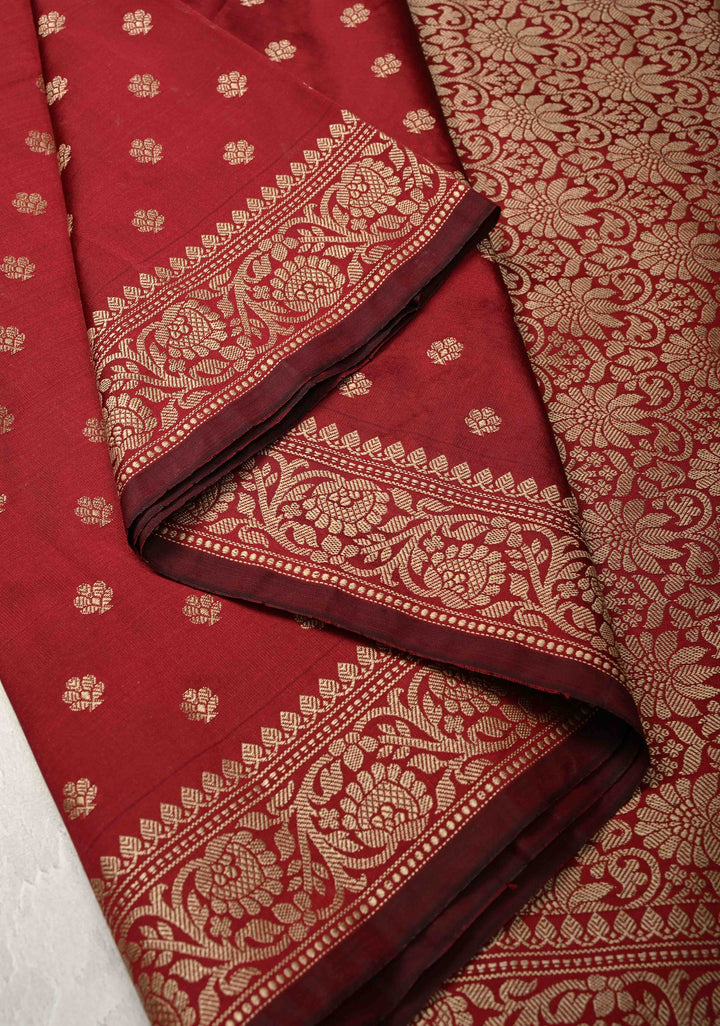 Dark Maroon Banarasi Art silk saree with Resham Buttas and Minimal Border
