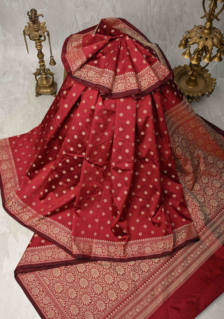 Dark Maroon Banarasi Art silk saree with Resham Buttas and Minimal Border