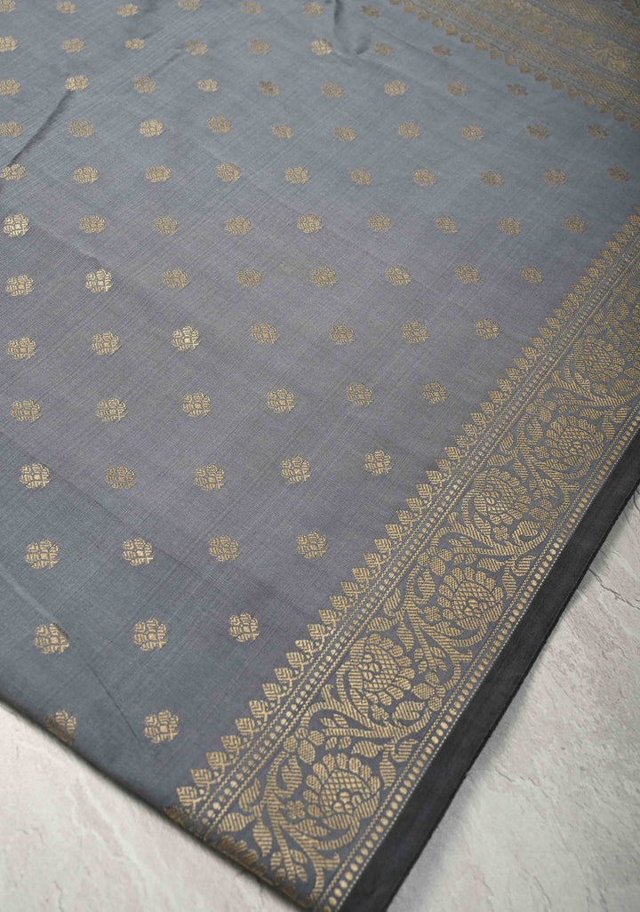 Gray Art silk saree with Resham Buttas and  Minimal Border