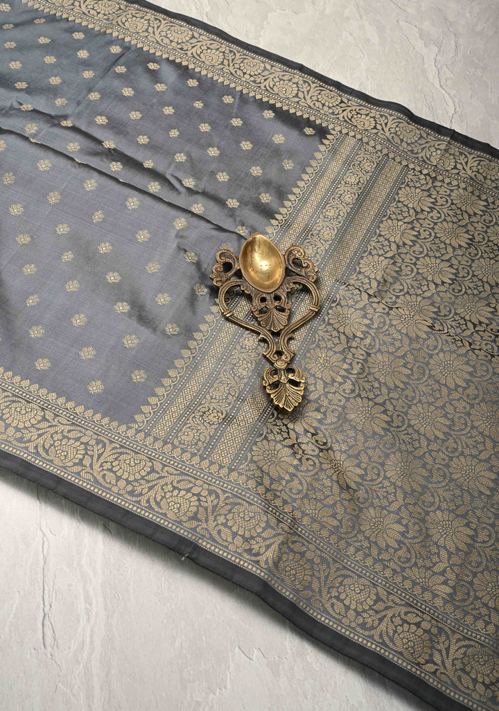 Gray Art silk saree with Resham Buttas and  Minimal Border