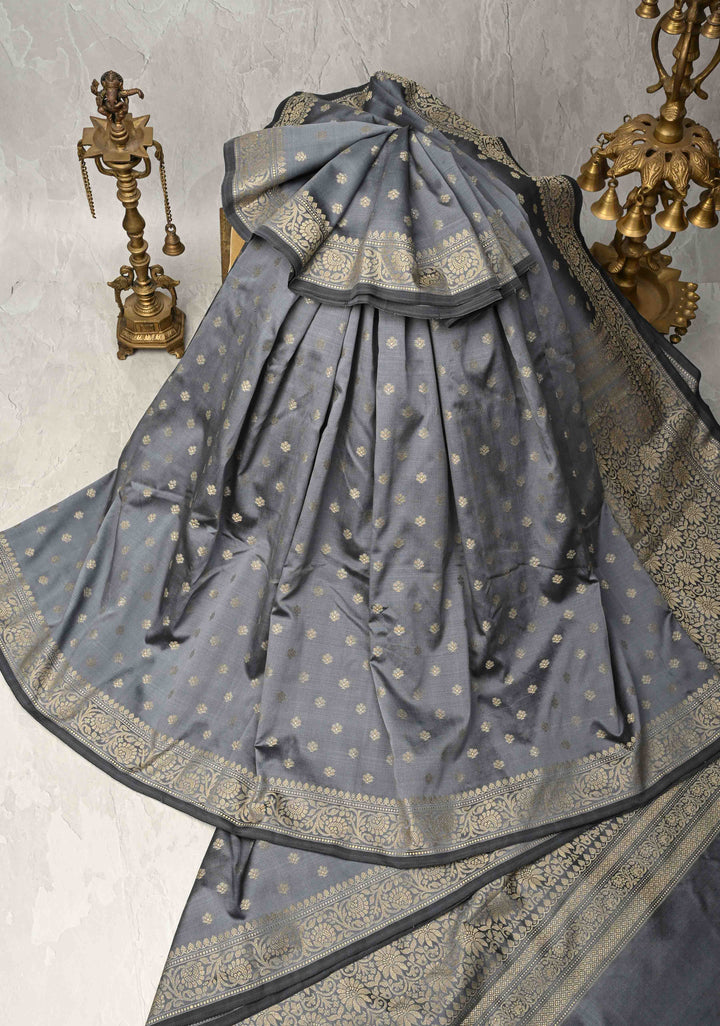 Gray Art silk saree with Resham Buttas and  Minimal Border