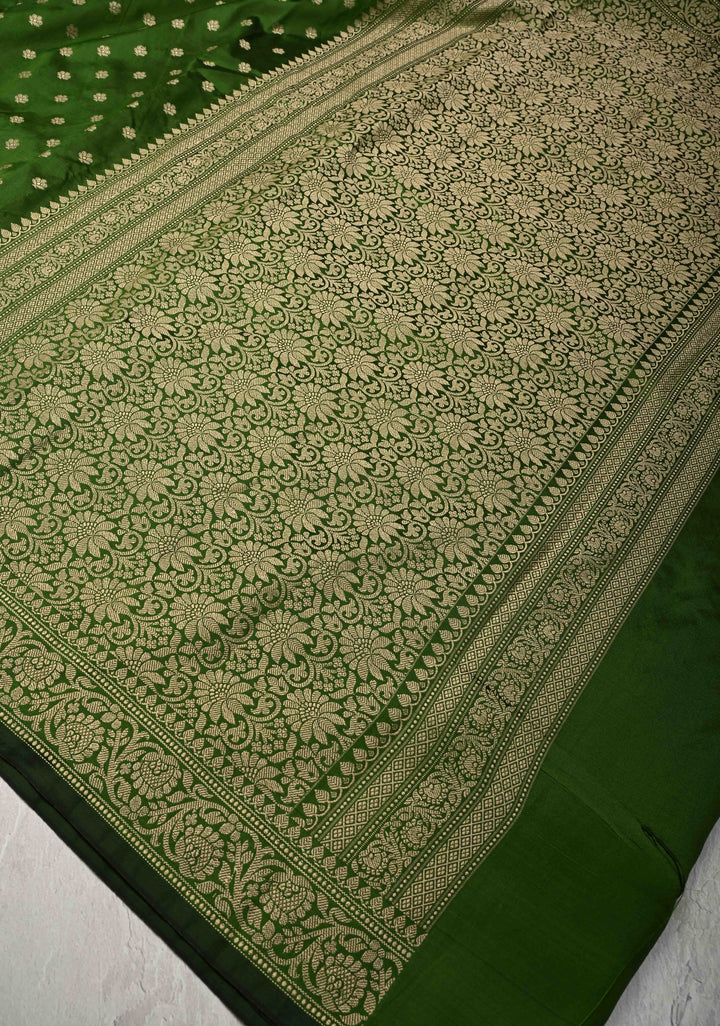 Bottle Green Art silk saree with Resham Buttas and Minimal Border