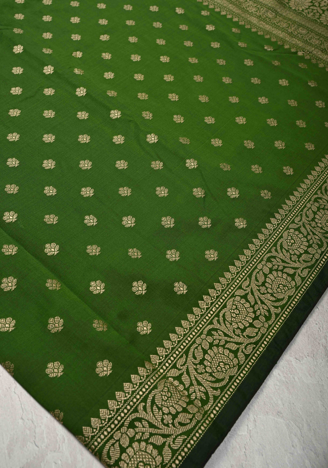 Bottle Green Art silk saree with Resham Buttas and Minimal Border