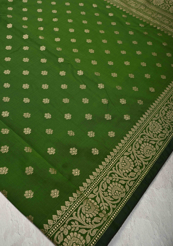 Bottle Green Art silk saree with Resham Buttas and Minimal Border