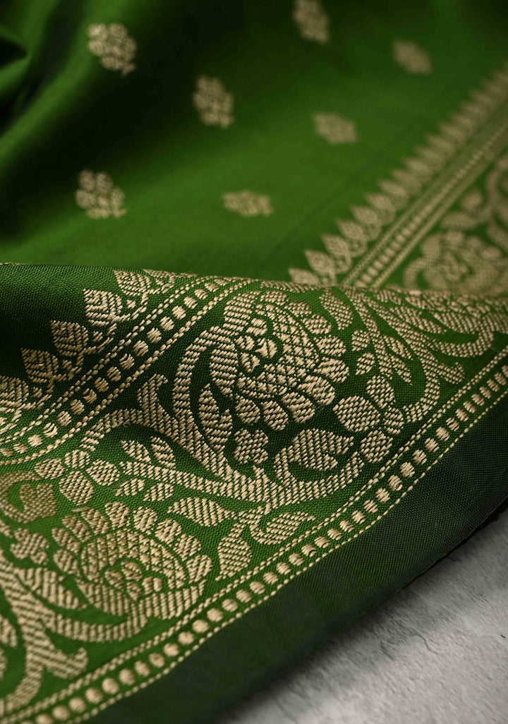 Bottle Green Art silk saree with Resham Buttas and Minimal Border