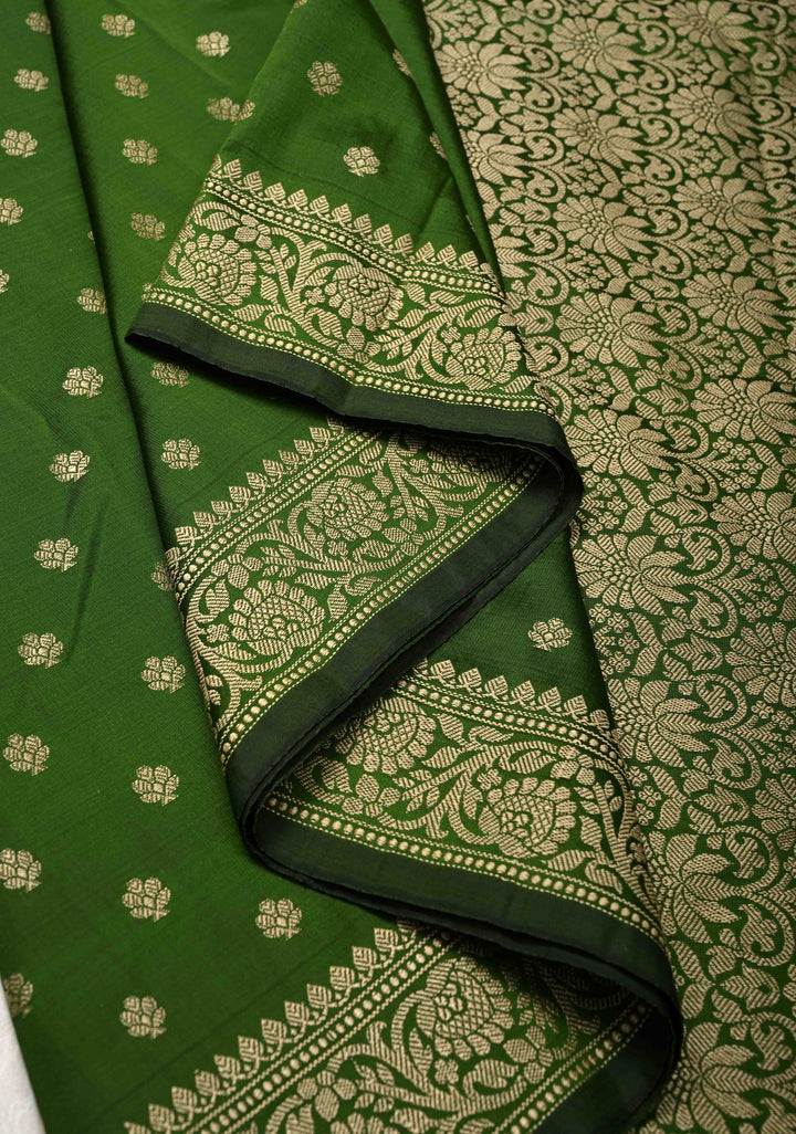 Bottle Green Art silk saree with Resham Buttas and Minimal Border