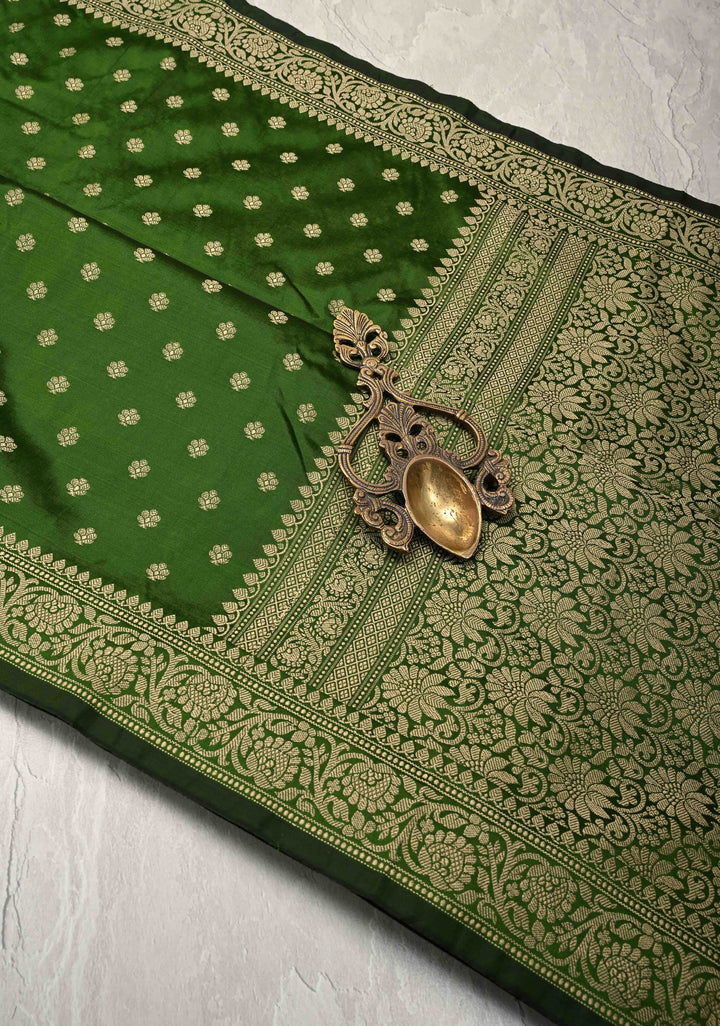 Bottle Green Art silk saree with Resham Buttas and Minimal Border