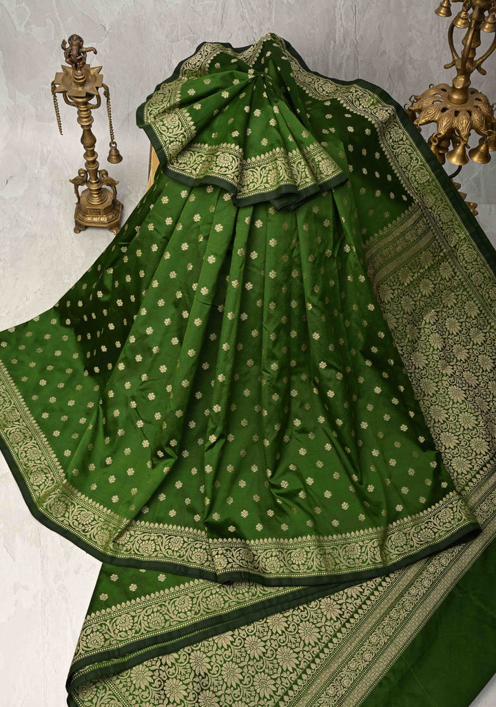 Bottle Green Art silk saree with Resham Buttas and Minimal Border