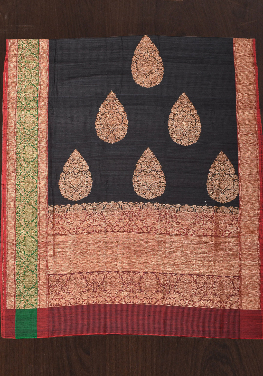 Banarasi Pure Dupion Silk Saree in Black with two tone borders and Damask Motifs | SILK MARK CERTIFIED