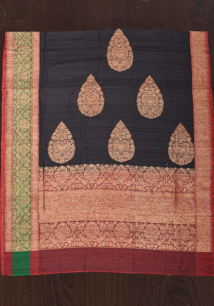 Banarasi Pure Dupion Silk Saree in Black with two tone borders and Damask Motifs | SILK MARK CERTIFIED
