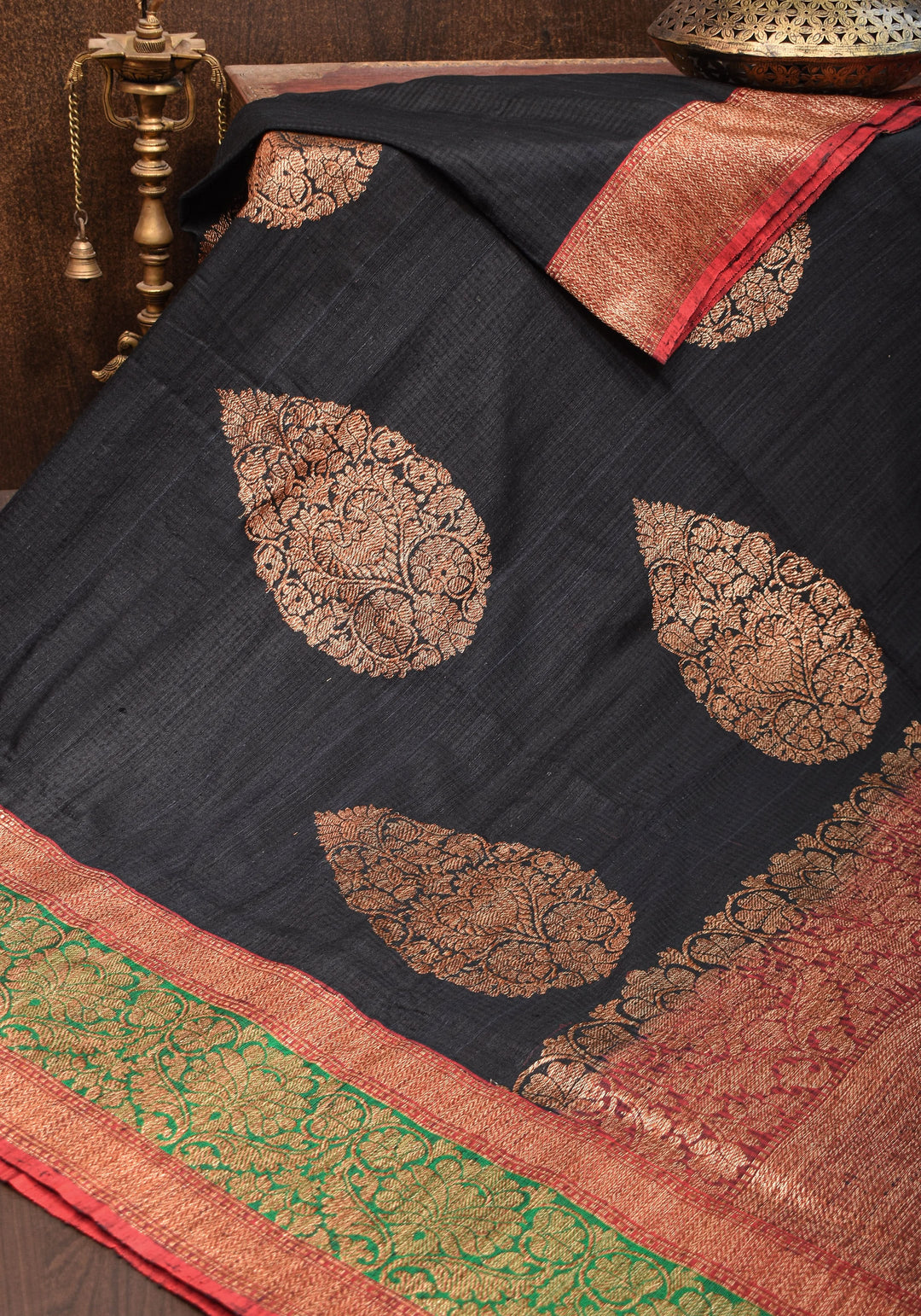 Banarasi Pure Dupion Silk Saree in Black with two tone borders and Damask Motifs | SILK MARK CERTIFIED