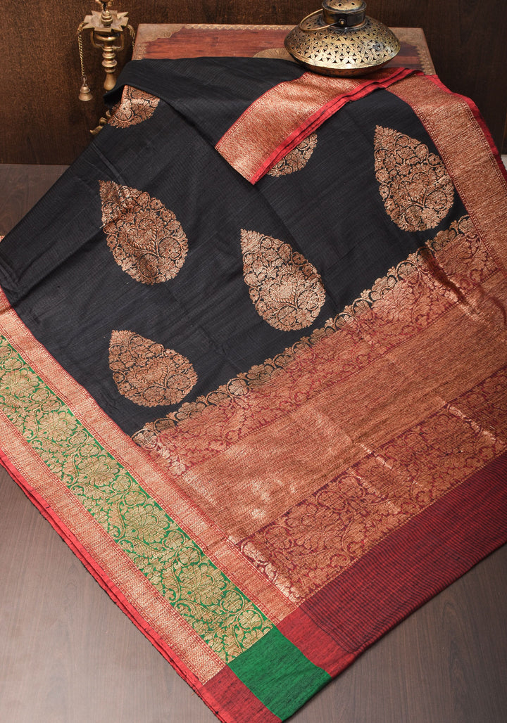 Banarasi Pure Dupion Silk Saree in Black with two tone borders and Damask Motifs | SILK MARK CERTIFIED