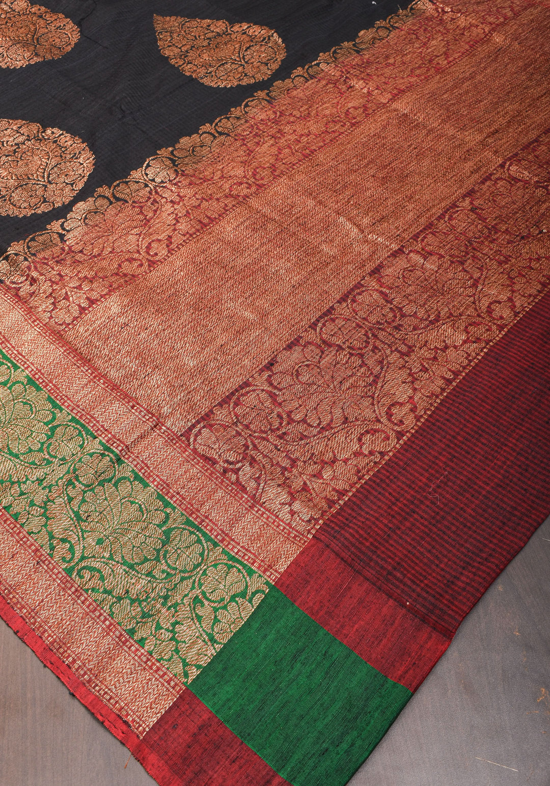 Banarasi Pure Dupion Silk Saree in Black with two tone borders and Damask Motifs | SILK MARK CERTIFIED