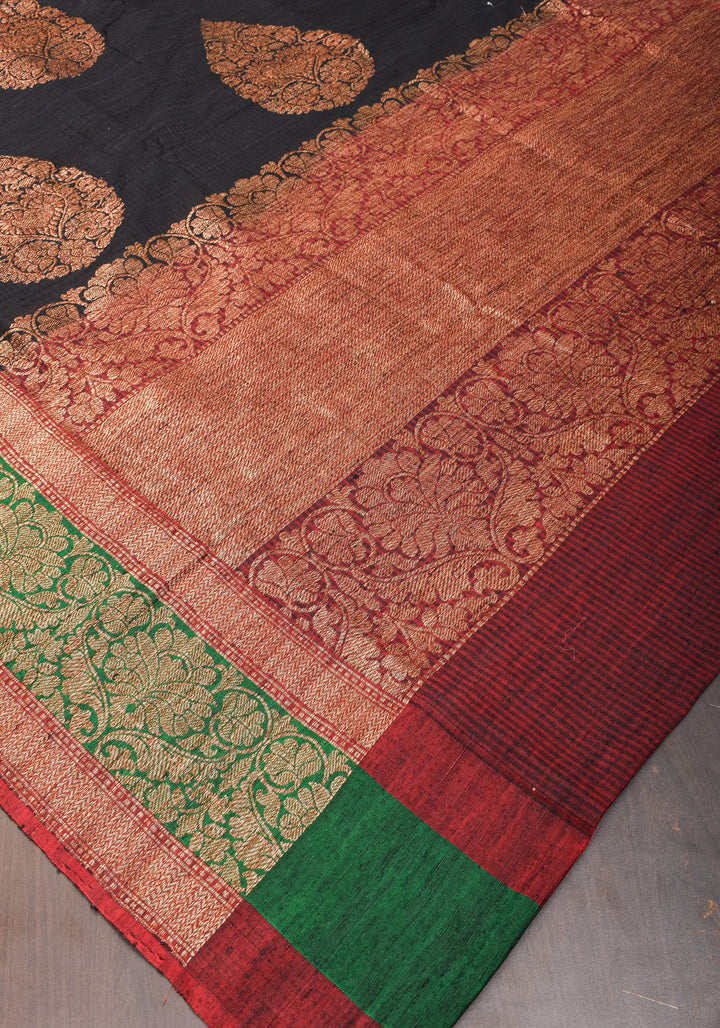 Banarasi Pure Dupion Silk Saree in Black with two tone borders and Damask Motifs | SILK MARK CERTIFIED