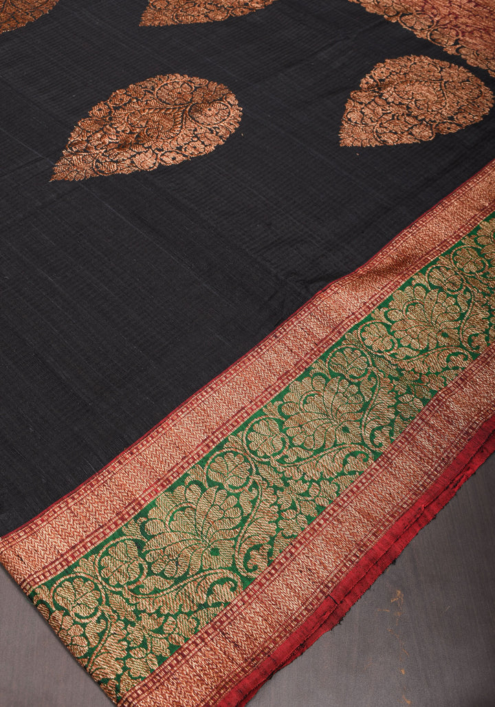 Banarasi Pure Dupion Silk Saree in Black with two tone borders and Damask Motifs | SILK MARK CERTIFIED
