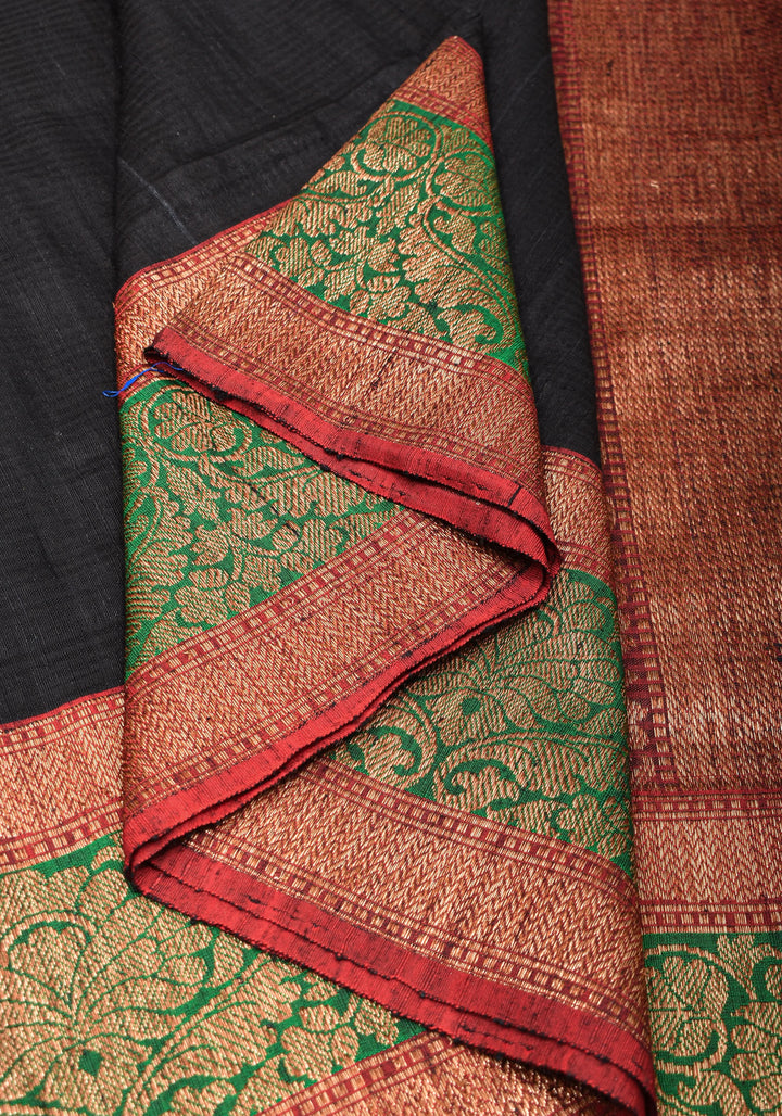Banarasi Pure Dupion Silk Saree in Black with two tone borders and Damask Motifs | SILK MARK CERTIFIED