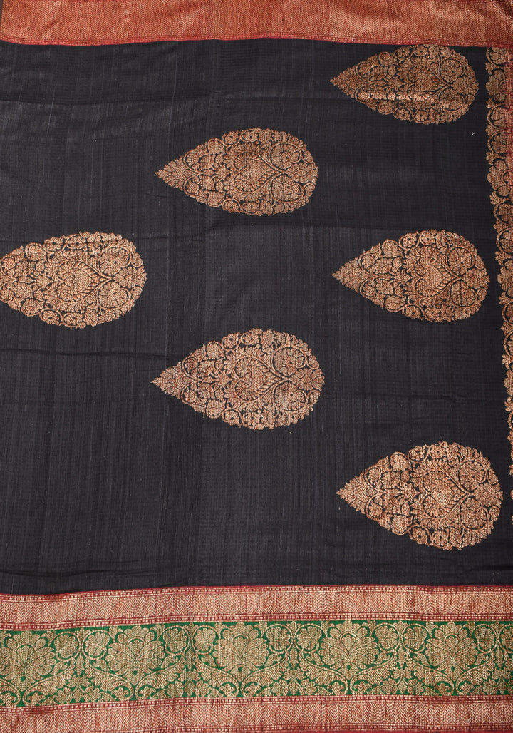 Banarasi Pure Dupion Silk Saree in Black with two tone borders and Damask Motifs | SILK MARK CERTIFIED