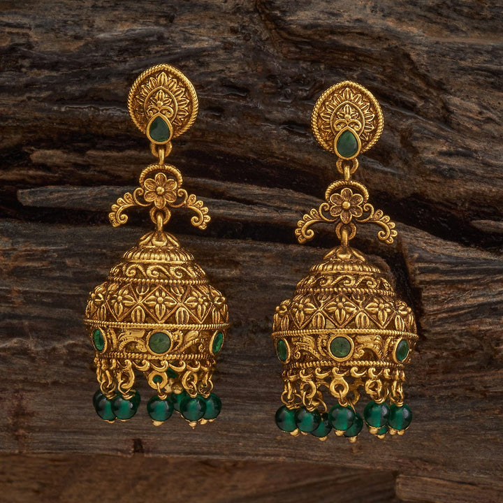 Antique Gold Jhumka with Emeralds with Gem Stone and Dangling Beads