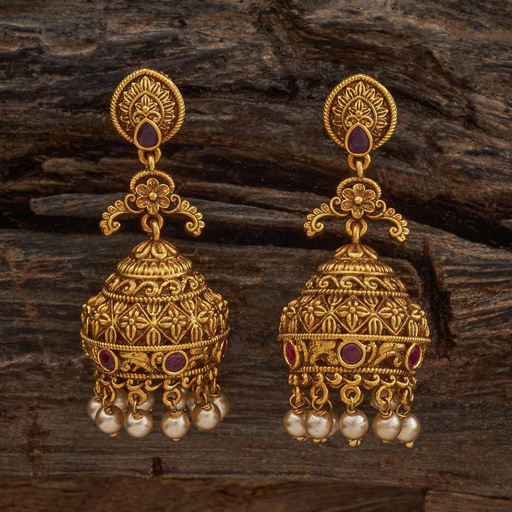 Antique Gold Jhumka with Emeralds with Gem Stone and Dangling Beads