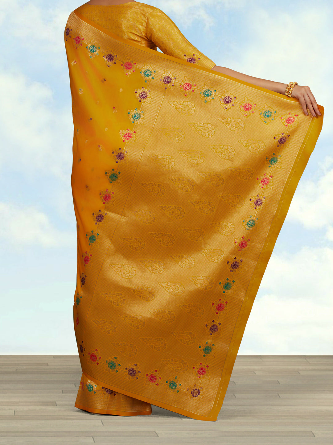 Yellow Semi Banarasi Silk Blend Saree With Zari Woven Work | Shobitam