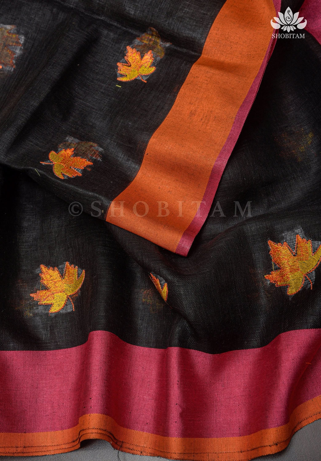 Black Silk Linen with Parijaat embroidery Saree cheapest | Sarees by Shobitam