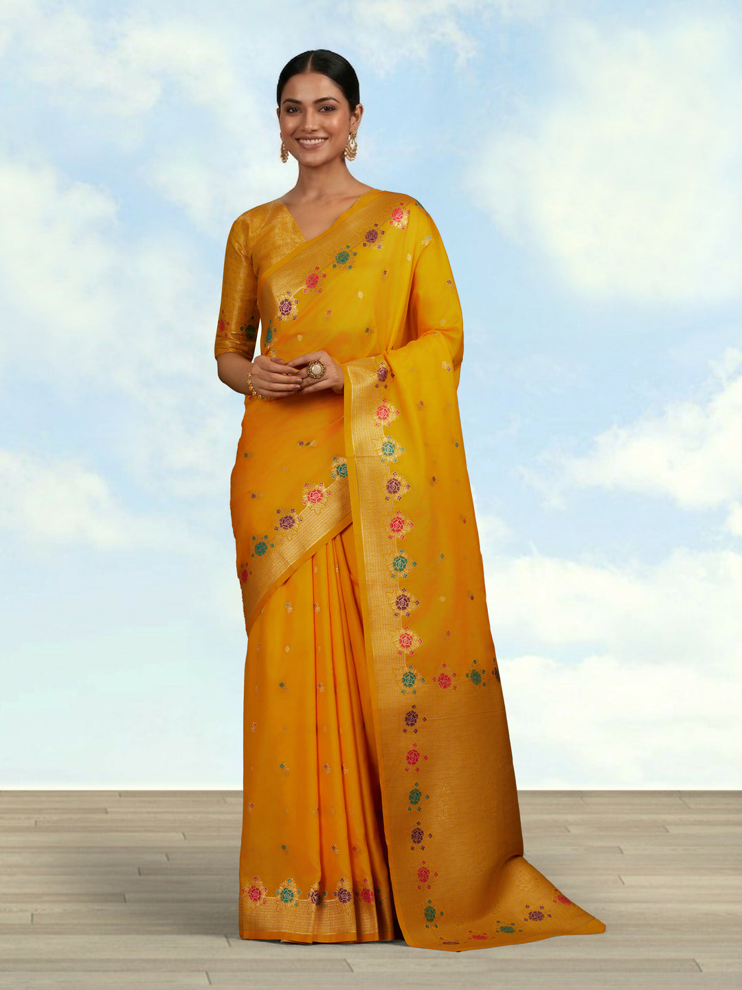 Yellow Semi Banarasi Silk Blend Saree With Zari Woven Work | Shobitam