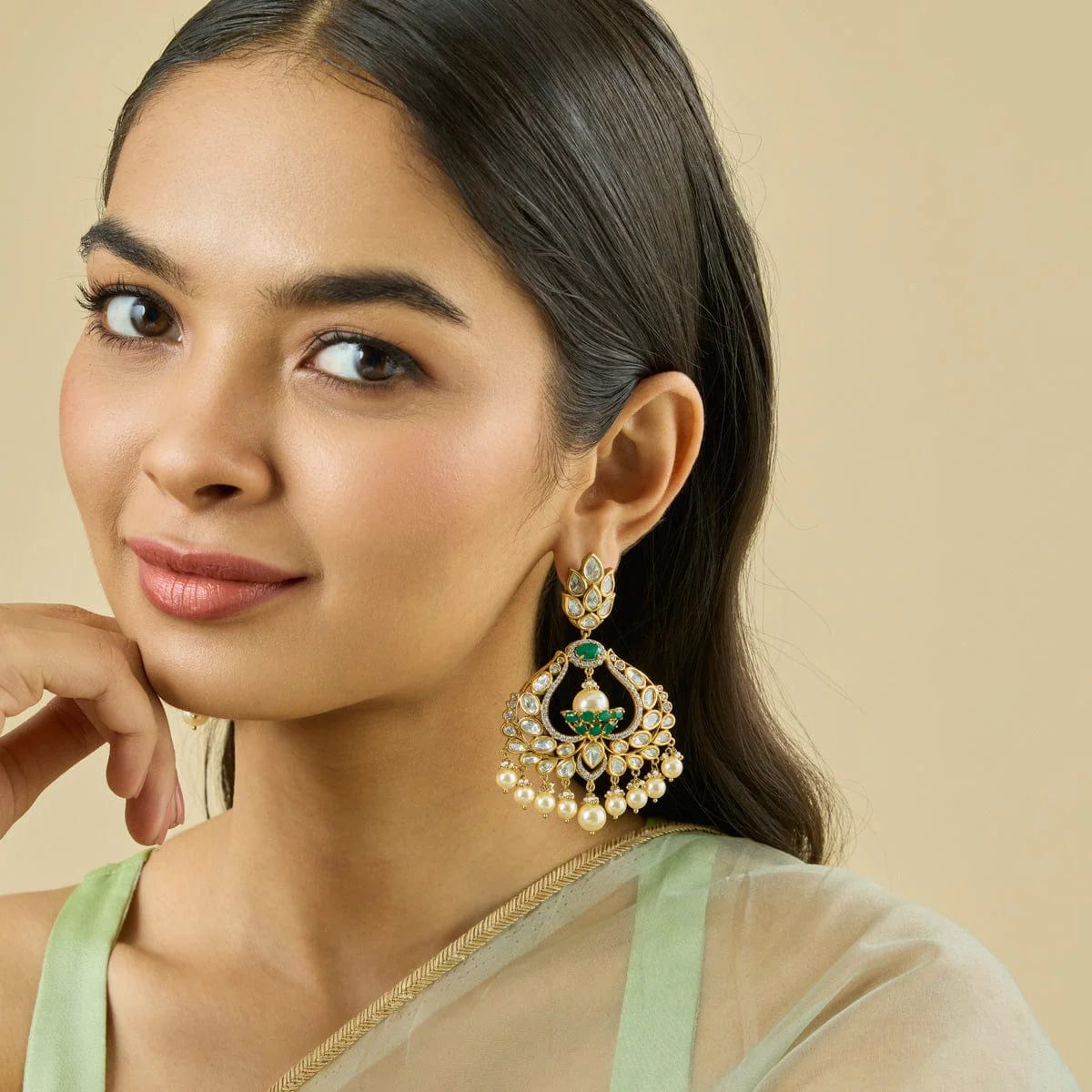 Gold-Plated Kundan Drop Earrings with Green Stone and Dangling